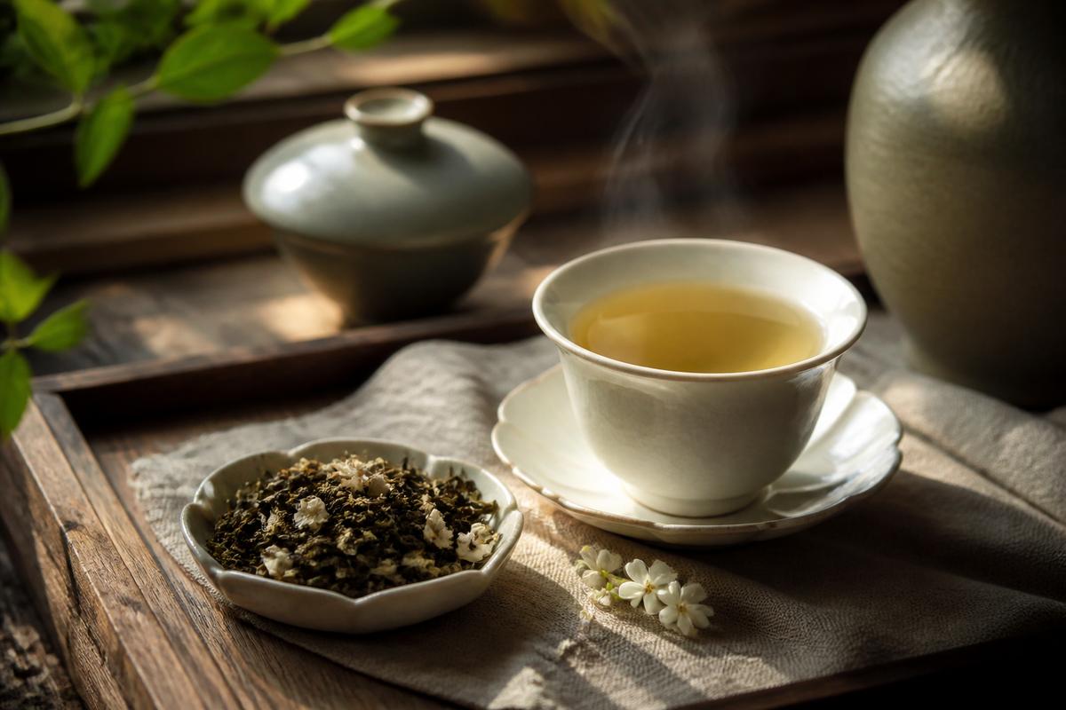 Steaming cup of tea in soft window light