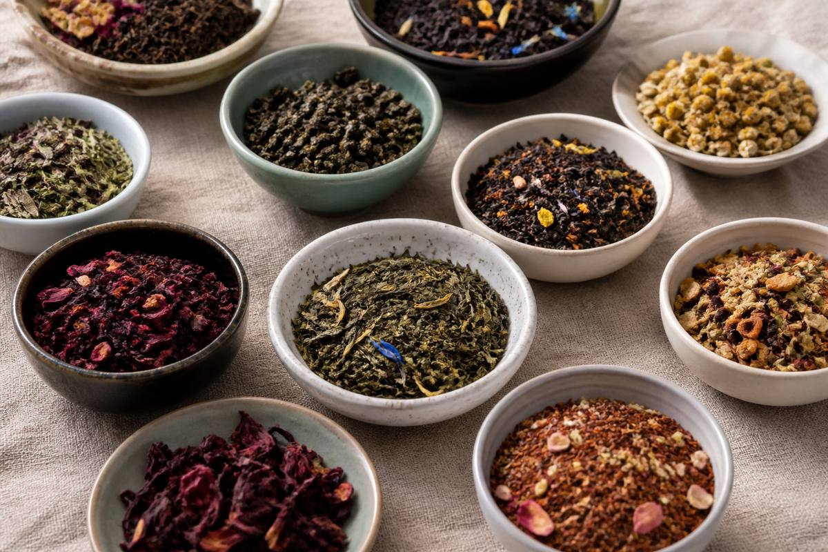 Ceramic bowls of loose-leaf tea on linen