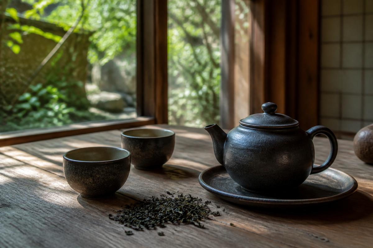 White teapot and cups on a wooden table