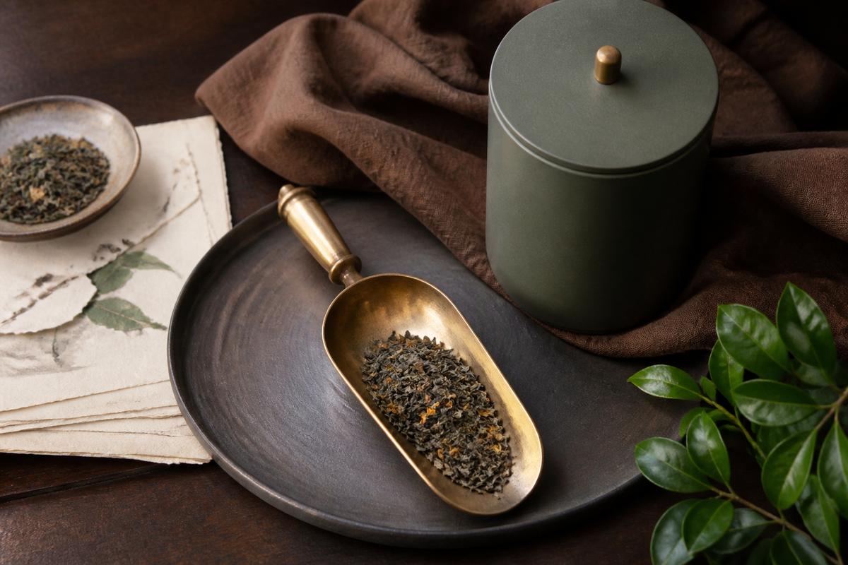 Wooden scoop holding rolled oolong leaves