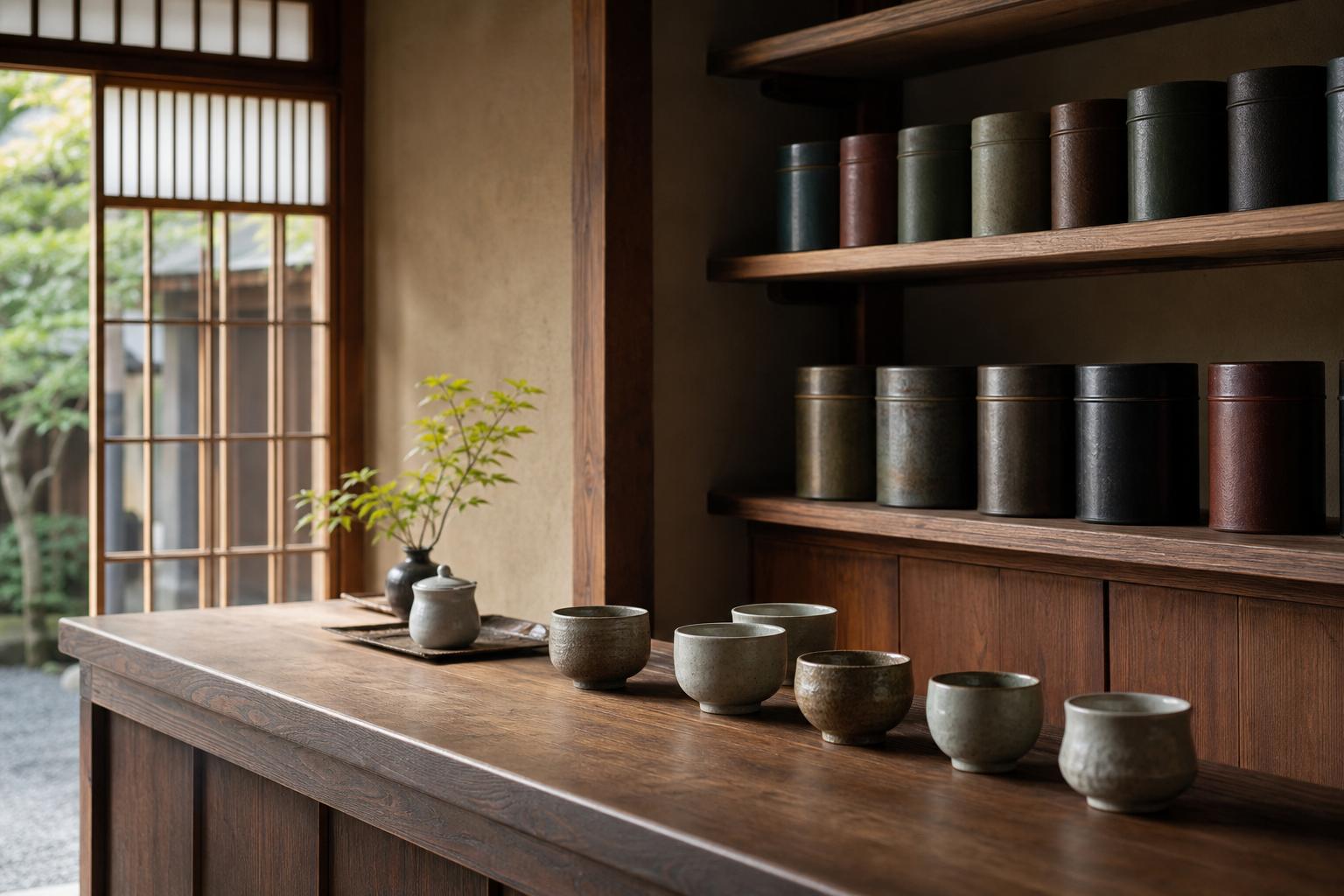 Wooden tea counter with ceramic bowls and tea canisters in Tampere